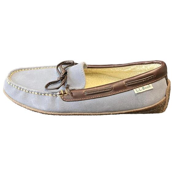 Women's LL Bean Wicked Good Driving Sherpa lined blue suede Moccasin slippers 8 - Picture 1 of 5